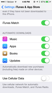 iTunes & App Store settings: use cellular data